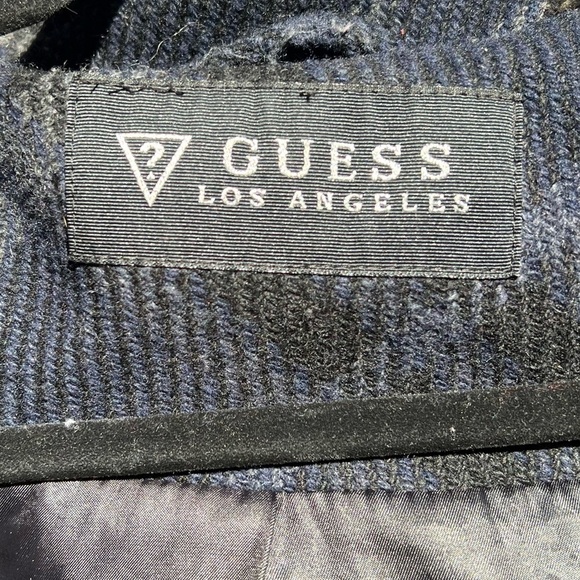 🌻GUESS Blue & Black Plaid Hooded Wool-Blend Trench Coat Jacket Size Medium - Picture 9 of 11